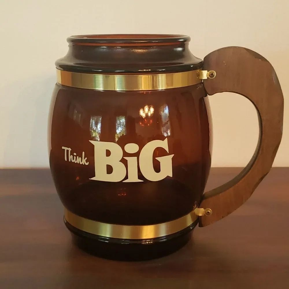 Vtg Giant Glass Beer Mug with Wooden Handle and Gold Colored Hardware 8" High!